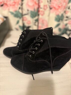 Madden Girl Black Lace-Up Wedge Ankle Boots